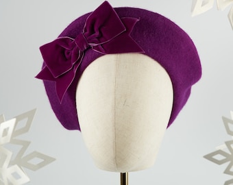 Magenta Purple Wool Felt Beret Hat with Velvet Ribbon Bow, Purple French Beret Hat, Purple Women's Winter Hat, Purple Beret with a Bow