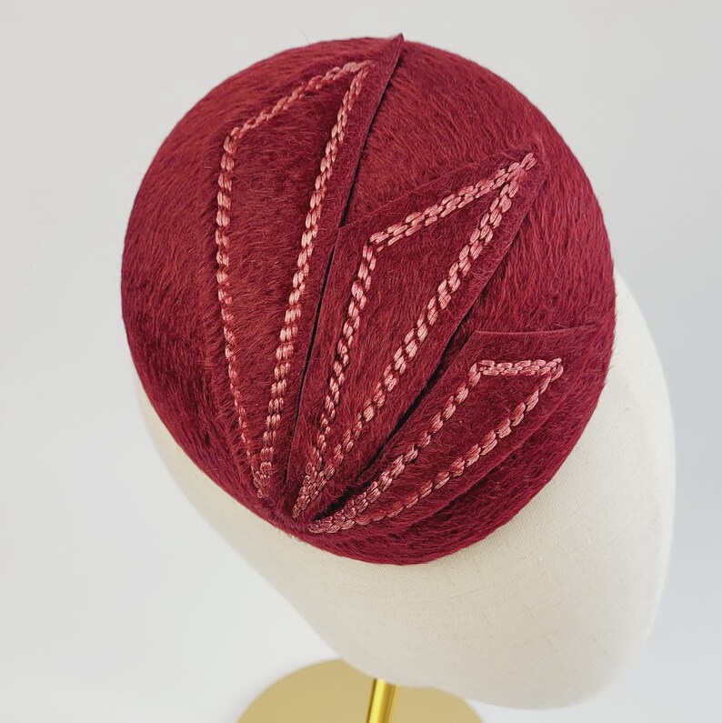 Maroon Felt Hat with Embroidery, Wine Red Cocktail Hat, Burgundy Red Wedding Hat, Red Race Day Hat, Red Occasion Hat, Cheltenham Races Hat image 2