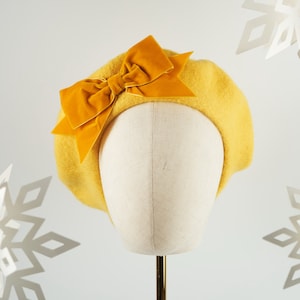 Mustard Wool Felt Beret Hat with a Mustard Velvet Ribbon Bow, Yellow French Beret Hat, Yellow Women&#39;s Winter Hat, Yellow Beret with a Bow