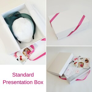 May include: A white box with a green ribbon and a white hat inside. The box is labeled "Standard Presentation Box".