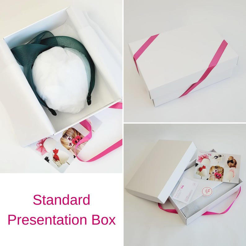 May include: A white box with a green ribbon and a white hat inside. The box is labeled "Standard Presentation Box".