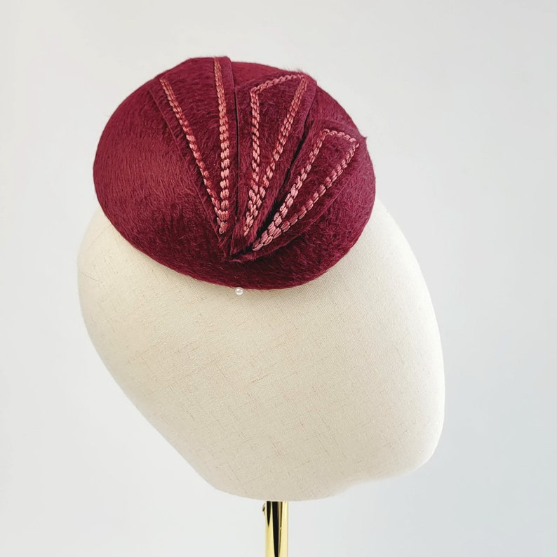 Maroon Felt Hat with Embroidery, Wine Red Cocktail Hat, Burgundy Red Wedding Hat, Red Race Day Hat, Red Occasion Hat, Cheltenham Races Hat image 4