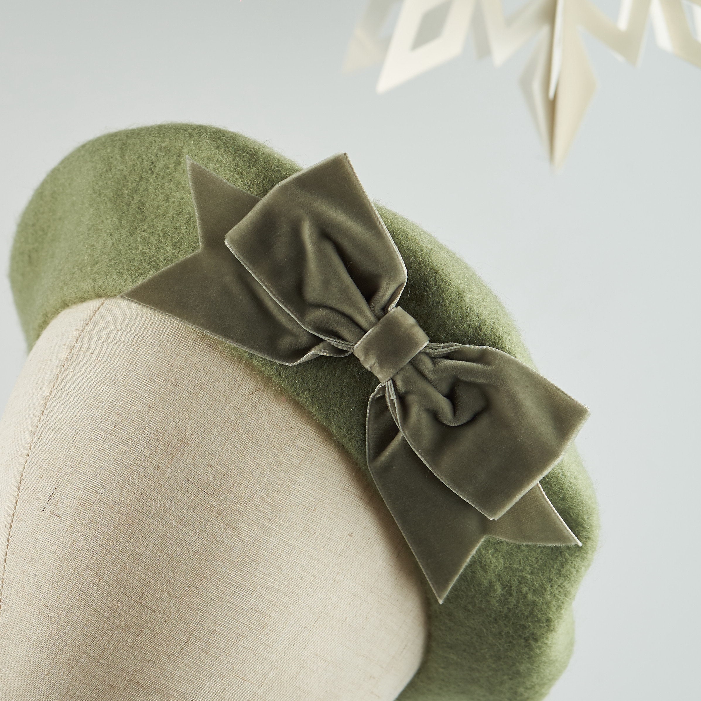 Sage Green Wool Felt Beret Hat With Green Velvet Ribbon Bow 