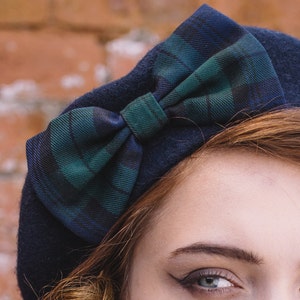 Navy Blue Wool Felt Beret Hat with Navy Green Tartan Bow Blackwatch image 4