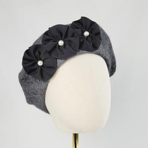 Charcoal Grey Wool Felt Beret Hat with Ribbon Rosettes and Pearl Studs