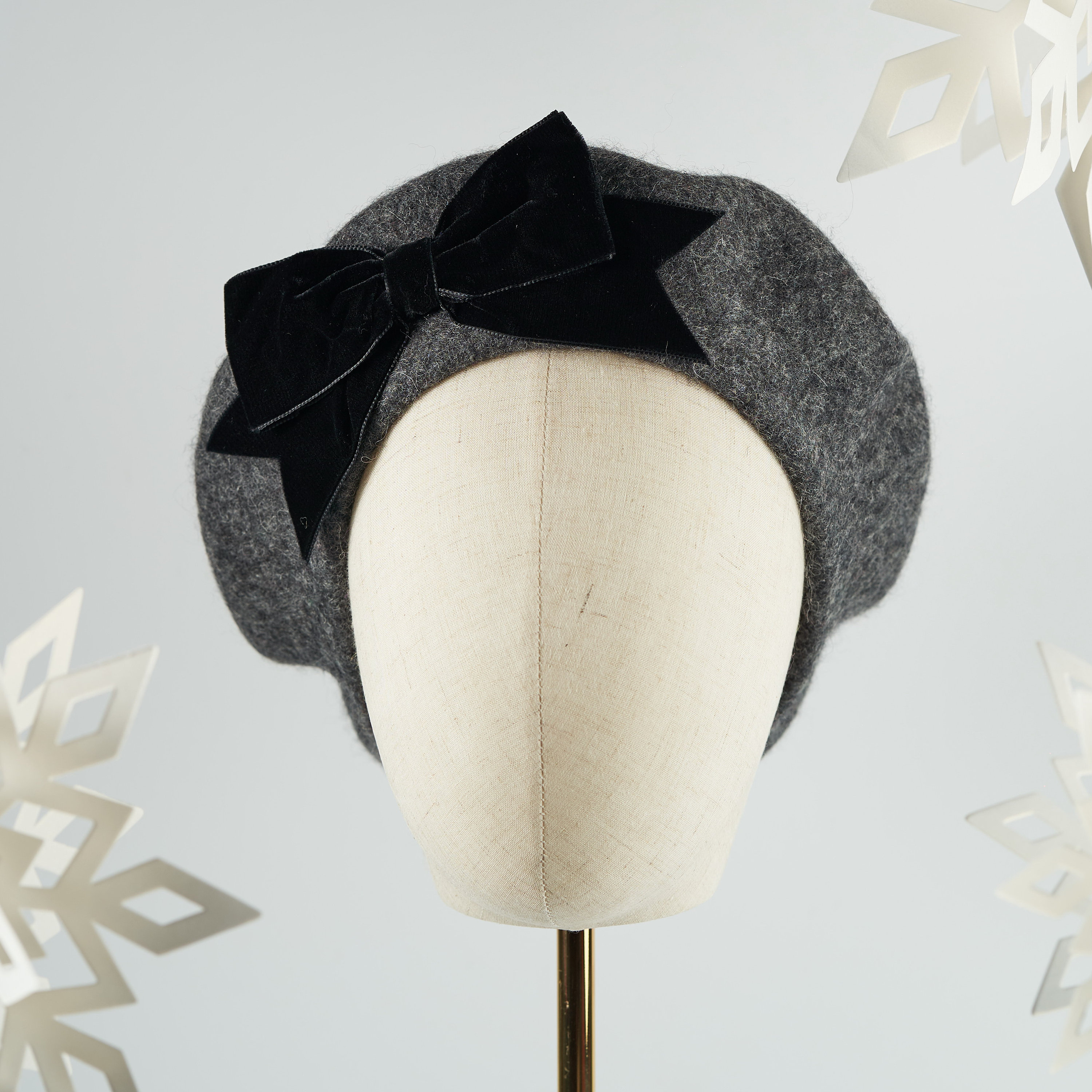 Charcoal Wool Beret with Script Ribbon Charcoal Grey Wool Felt Beret Hat With Ribbon Rosettes and  main image 3