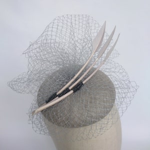 Grey Straw Pill Box Hat with Veiling and Feathers, Grey Cocktail Hat, Grey Race Day Hat, Grey Occasion Hat, Grey Ascot Hat, Grey Wedding Hat image 4