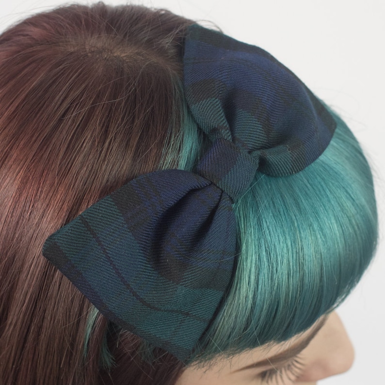 Navy Blue Wool Felt Beret Hat with Navy Green Tartan Bow Blackwatch image 9