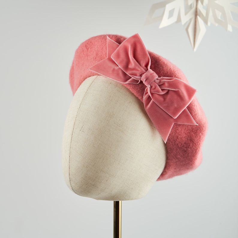 Coral Pink Wool Felt Beret Hat With Pink Velvet Ribbon Bow Etsy