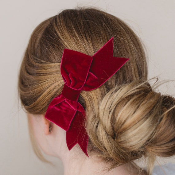 Burgundy Red Velvet Ribbon Bow Hair Clip, Classic Burgundy  display picture 3