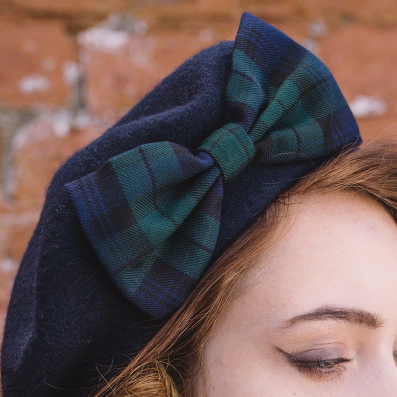 Navy Blue Wool Felt Beret Hat with Navy Green Tartan Bow Blackwatch image 5