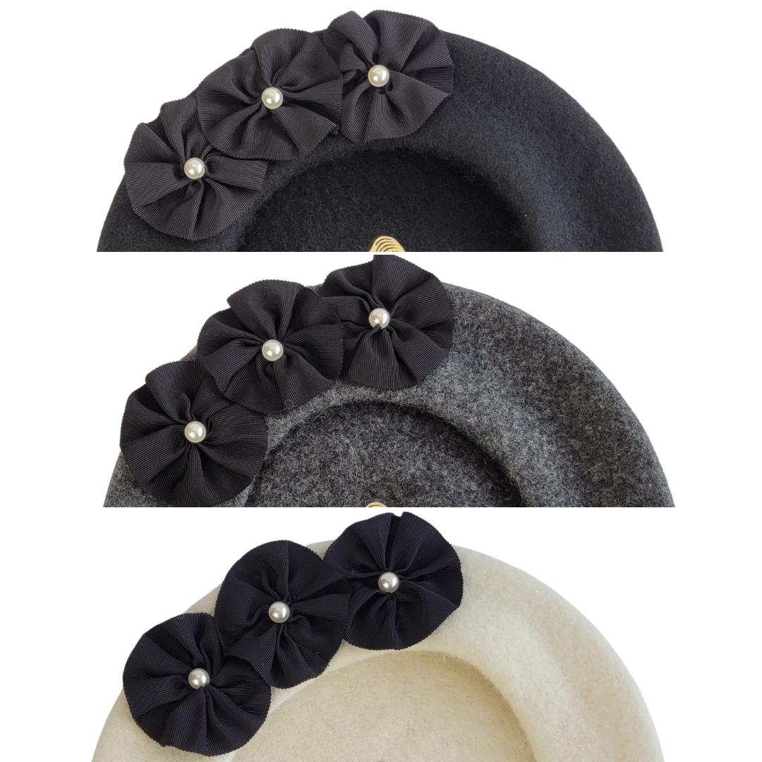 Black Wool Felt Beret Hat With Ribbon Rosettes and Pearl  display picture 2