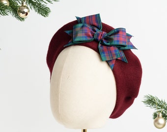 Wine Red Wool Felt Beret Hat with Lindsey Tartan Ribbon Bow, Wine French Beret with Navy & Wine Red Tartan Bow, Wine Beret with Plaid Bow