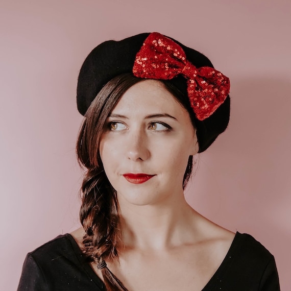 Black Wool Felt Beret Hat With Scarlet Red Sequin Bow, Black  display picture 2