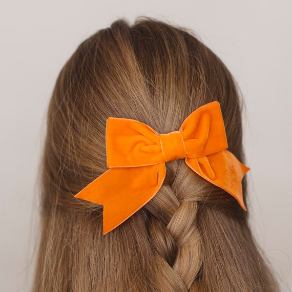 Orange Velvet Ribbon Bow Hair Clip, Classic Orange Velvet  display picture 3