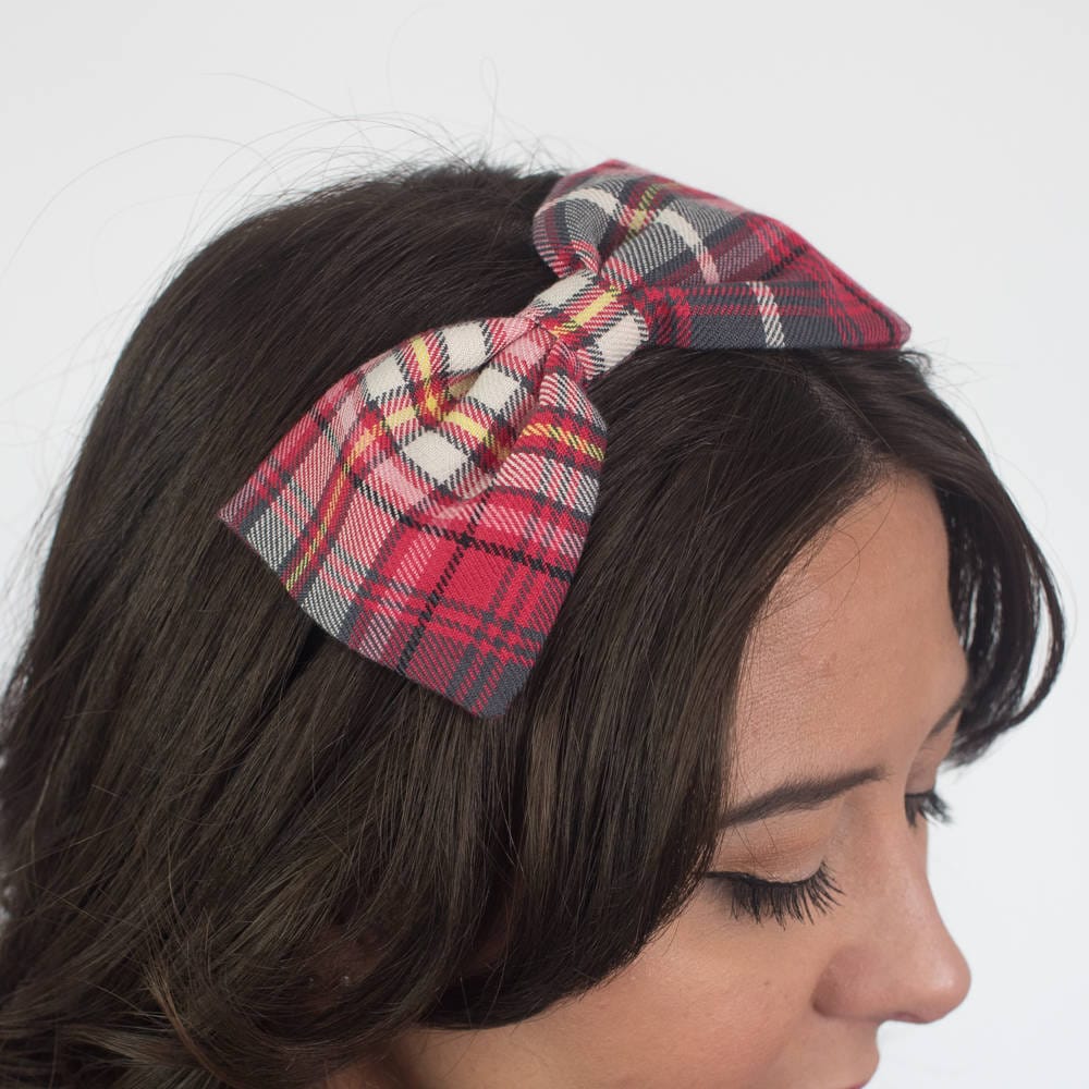 Coral Pink & Grey Tartan Bow Headband, Aliceband, Hair Bow, Accessory