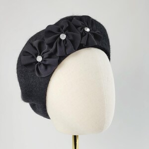 Black Wool Felt Beret Hat with Ribbon Rosettes and Diamante Studs