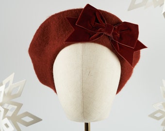 Bonnet béret en feutre de laine rouge avec noeud en ruban de velours rose, chapeau béret français russe, chapeau d'hiver pour femmes, béret russe avec noeud