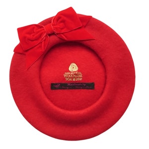 Béret en feutre de laine rouge écarlate avec noeud en ruban de velours rouge, béret rouge français, chapeau d'hiver rouge pour femme, béret rouge avec noeud Red Bow
