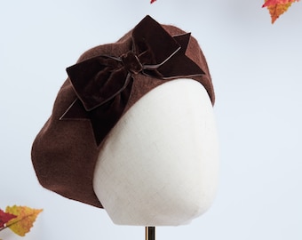 Brown Wool Felt Beret Hat with Brown Velvet Ribbon Bow, Brown French Beret Hat, Brown Women's Winter Hat, Chocolate Brown Beret with a Bow