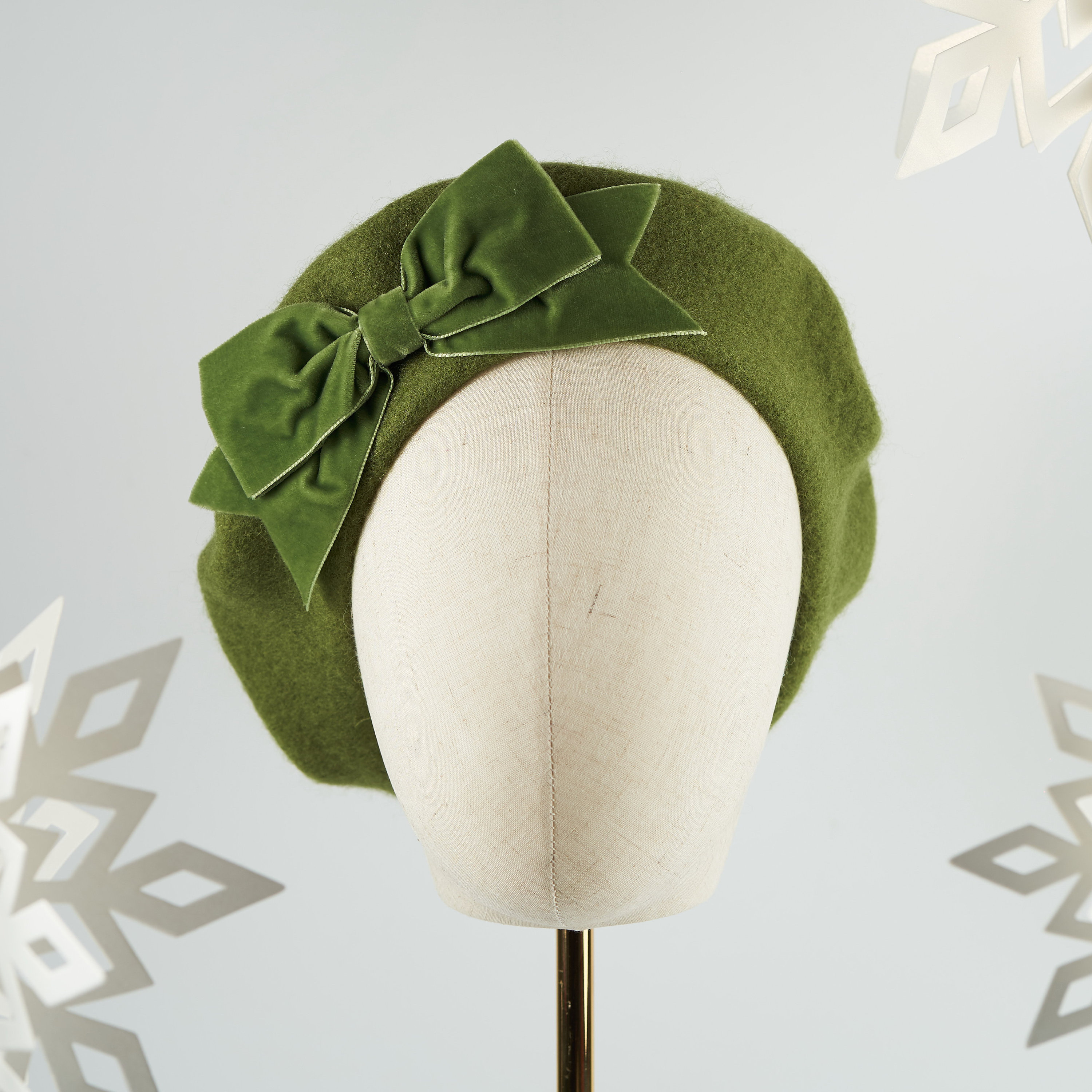 Fem Philosophy Olive Beret with Ribbon Accent Sage Green Wool Felt Beret Hat With Green Velvet Ribbon Bow  main image 2