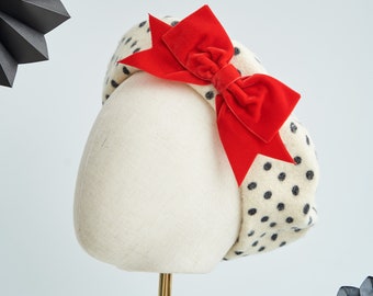 Polka Dot Wool Felt Beret Hat with Red Velvet Ribbon Bow, Ivory Spotty French Beret Hat, Polka Dot Winter Hat, Beret with a Red Bow