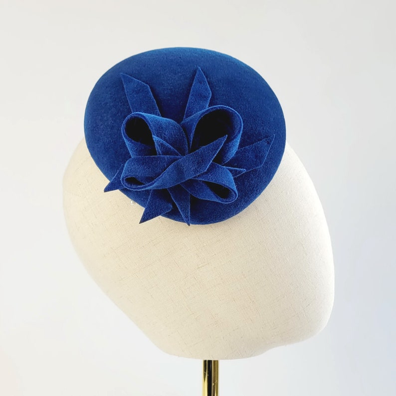 Royal Blue Felt Percher Hat with Loops, Blue Cocktail Hat, Blue Race Day Hat, Blue Occasion Hat, Blue Cheltenham Hat, Blue Felt Wedding Hat image 4