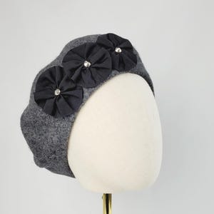 Charcoal Grey Wool Felt Beret Hat with Ribbon Rosettes and Silver Studs