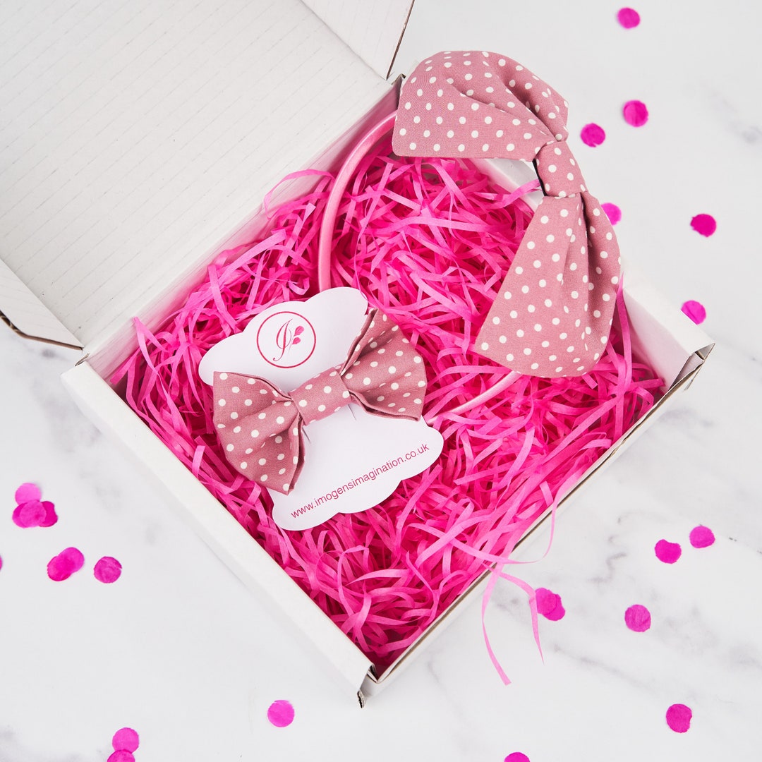 Dusky Pink Polka Dot Headband and Bow Hair Clip Gift Box Set, Hair ...