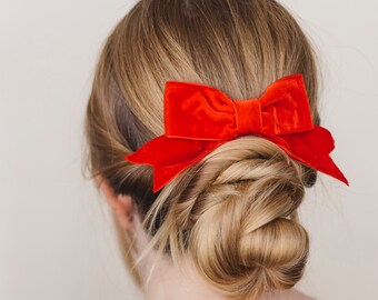 Red Velvet Ribbon Bow Hair Clip, Classic Red Velvet Hair Bow, Elegant Red Ribbon Hair Bow, Preppy Red Velvet Ribbon Hair Bow