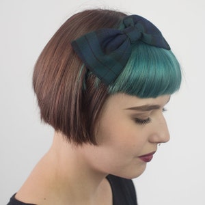 Navy Blue Wool Felt Beret Hat with Navy Green Tartan Bow Blackwatch image 8