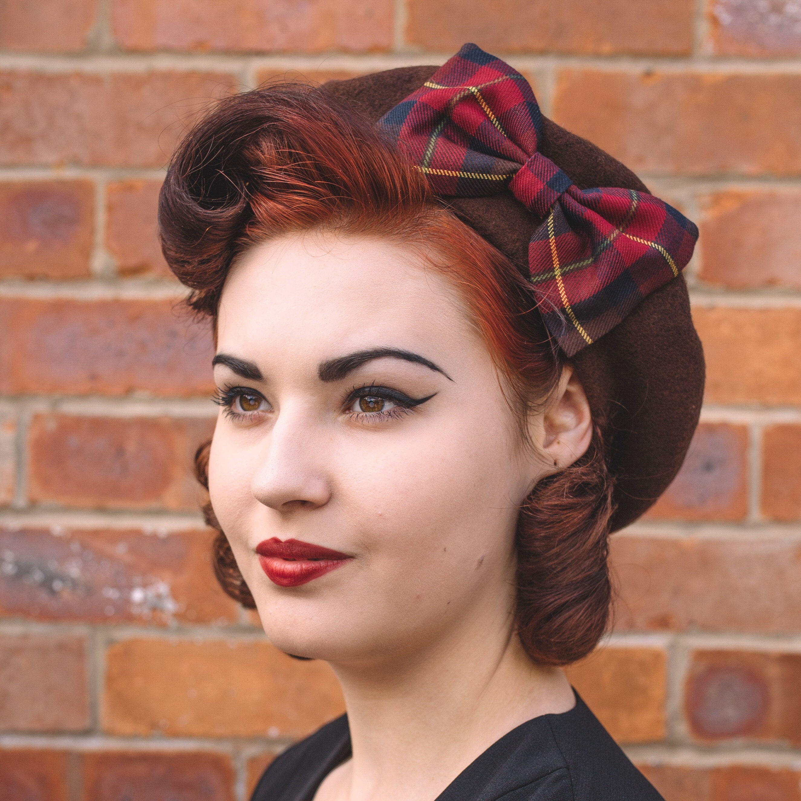 Brown Wool Felt Beret Hat With Wine Navy Tartan Bow, Chocolate French Dark Winter