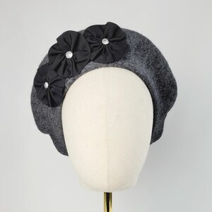 Charcoal Grey Wool Felt Beret Hat with Ribbon Rosettes and Diamante Studs