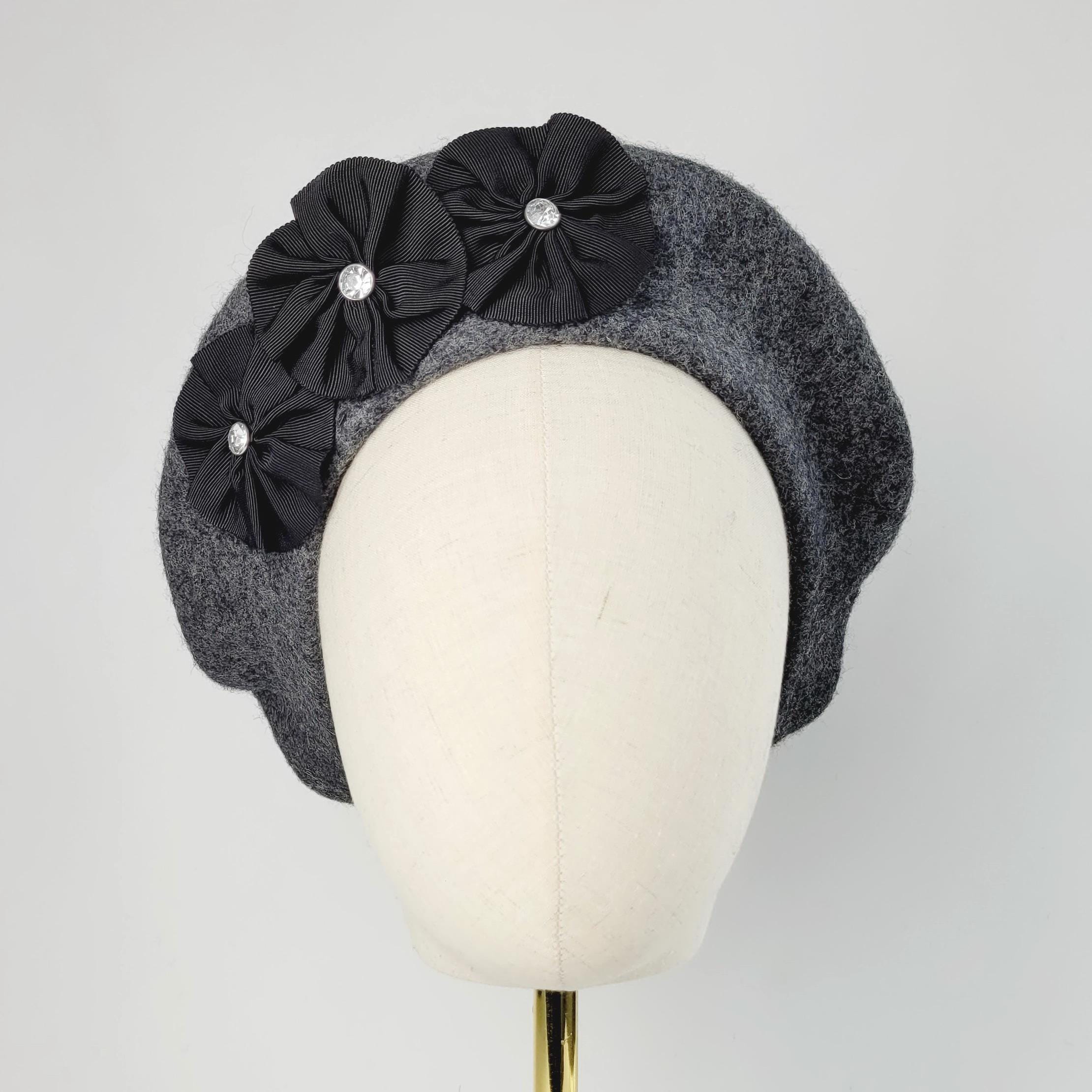 Charcoal Grey Wool Felt Beret Hat With Ribbon Rosettes and  display picture 1