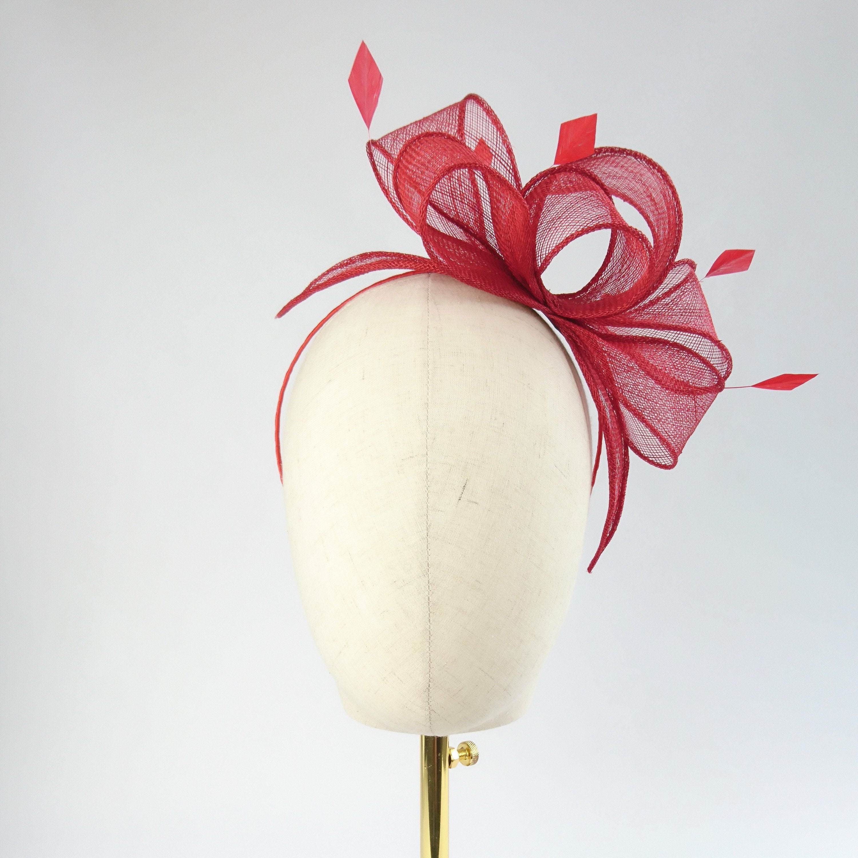 Red Loop Fascinator With Coque Feathers, Sinamay Hat, Wedding Race Day Hatinator