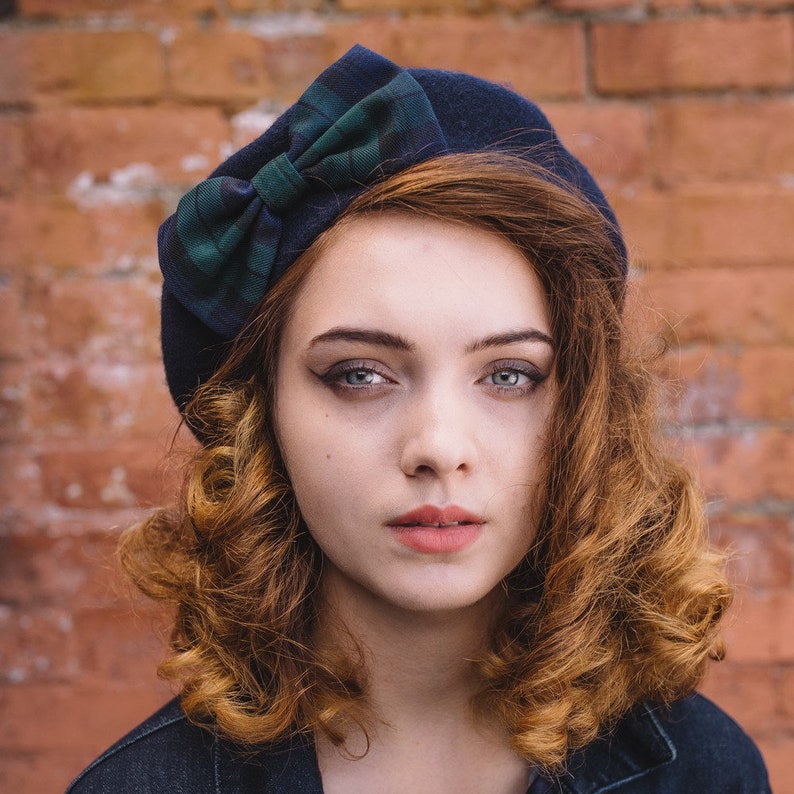 Navy Blue Wool Felt Beret Hat with Navy Green Tartan Bow Blackwatch image 2