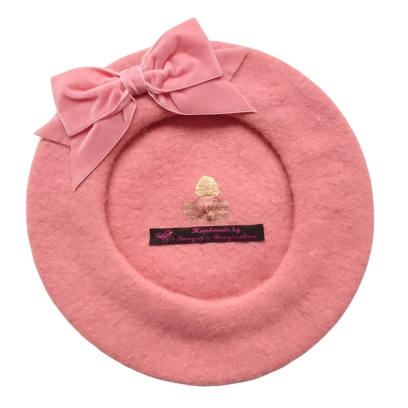 Coral Pink Wool Felt Beret Hat With Pink Velvet Ribbon Bow Etsy