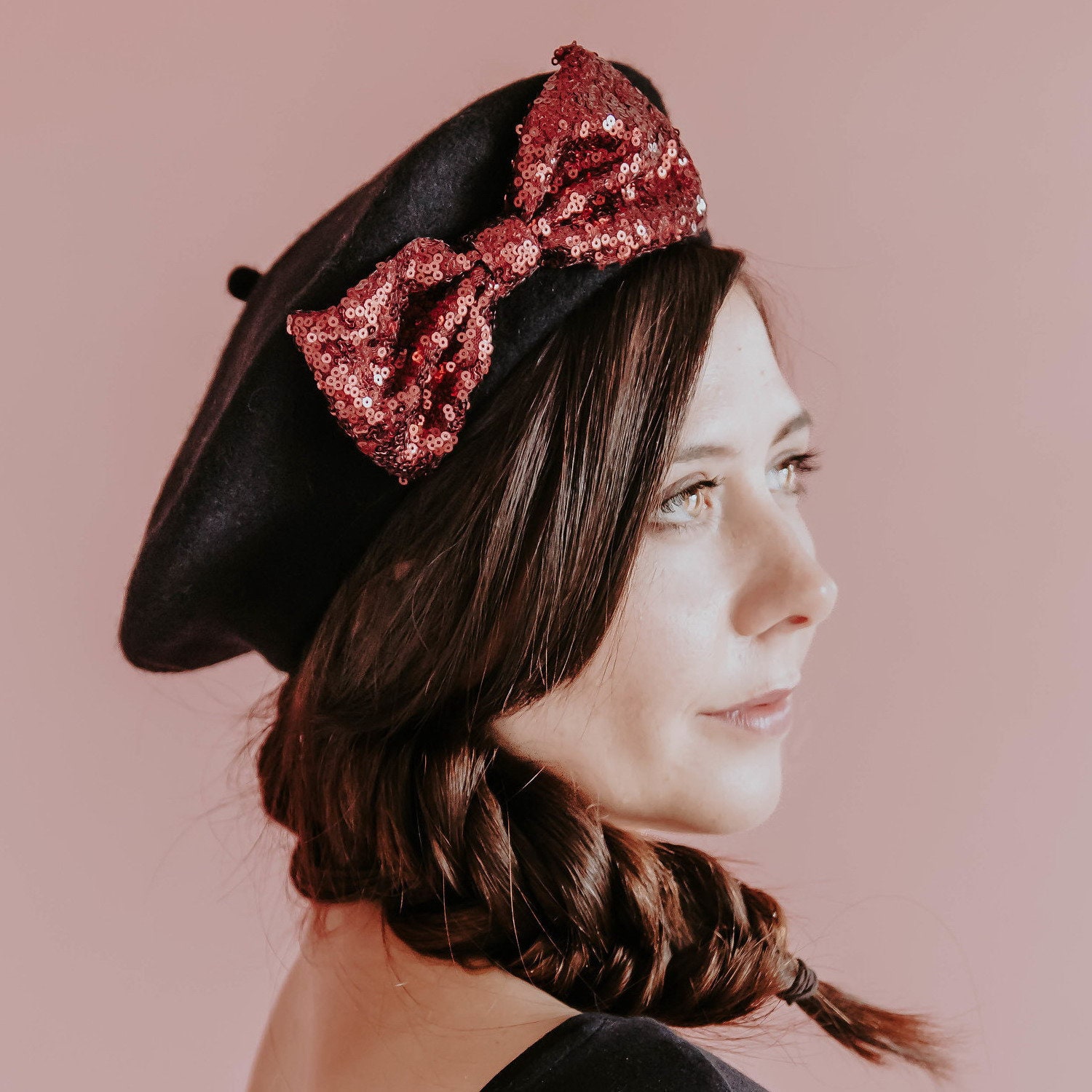 ??? Beautiful Black Felt Beret Red Bow Pearl Center Beret With Bill and Bow Sparkly Bling Black Pink Unbranded  main image 3