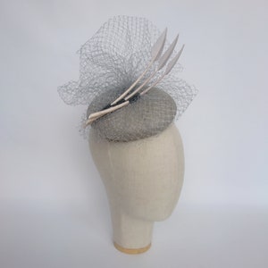Grey Straw Pill Box Hat with Veiling and Feathers, Grey Cocktail Hat, Grey Race Day Hat, Grey Occasion Hat, Grey Ascot Hat, Grey Wedding Hat image 3