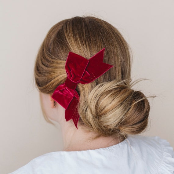 Burgundy Red Velvet Ribbon Bow Hair Clip, Classic Burgundy Red