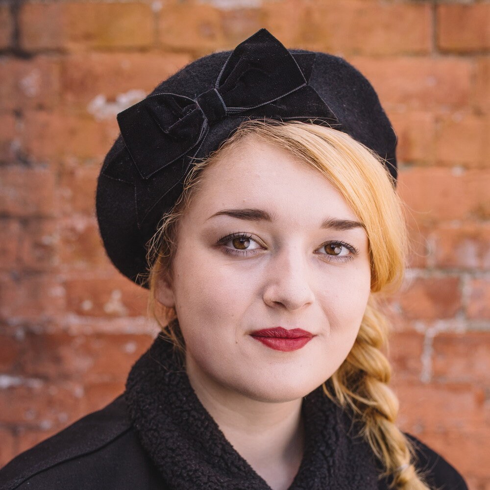Black Wool Felt Beret Hat With Black Velvet Ribbon Bow, Black