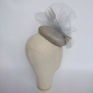 Grey Straw Pill Box Hat with Veiling and Feathers, Grey Cocktail Hat, Grey Race Day Hat, Grey Occasion Hat, Grey Ascot Hat, Grey Wedding Hat image 8