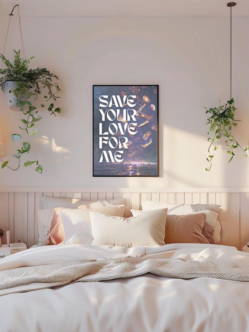May include: A framed art print with the words "SAVE YOUR LOVE FOR ME" in white lettering. The print hangs above a bed with white bedding and decorative pillows. Green plants hang from the ceiling and on the left side of the image.