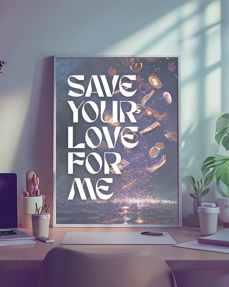 May include: Framed art print with the text "SAVE YOUR LOVE FOR ME" in white, stylized lettering. The artwork features a dark background with falling coins and currency, suggesting themes of finance and affection. The print is displayed on a wooden desk.