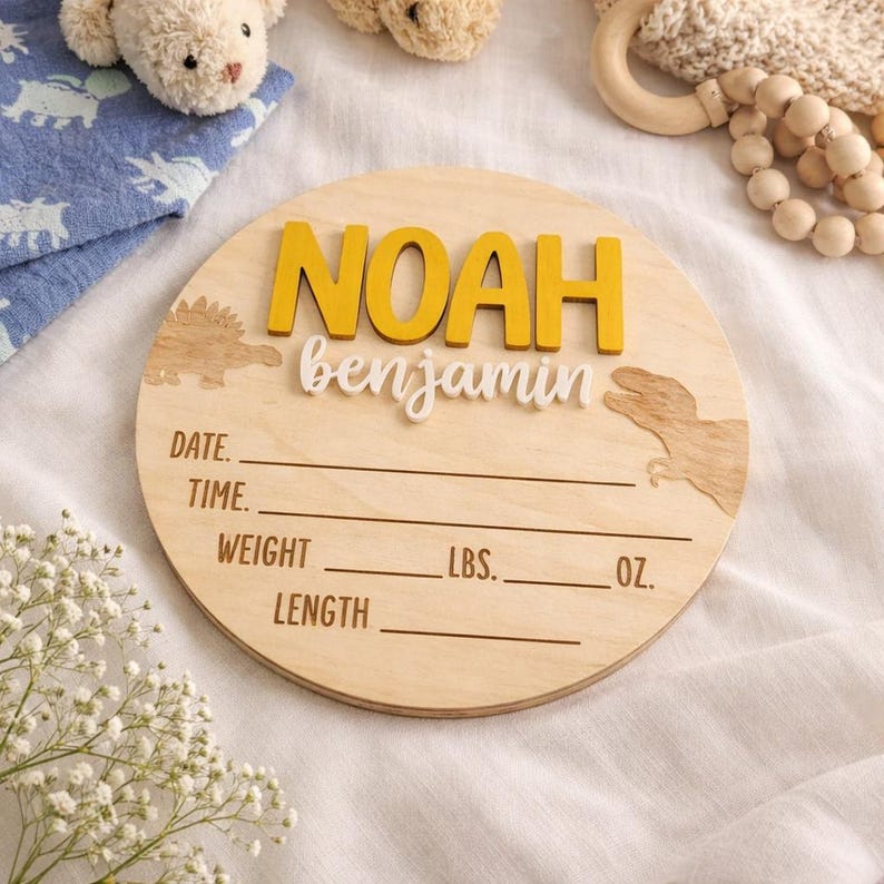 Personalized Baby Name Sign With Birth Stats | Wooden Dinosaur Baby ...