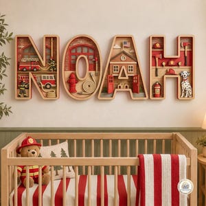 May include: A set of four wooden wall-mounted letters spelling NOAH, each featuring a fire station theme. The letters contain miniature fire trucks, a hydrant, a hose, a firehouse, axes, helmets, a fire extinguisher, and a dalmatian dog figure.