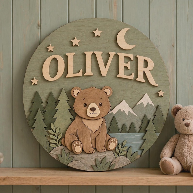 Personalized Woodland Nursery Name Sign, 3D Wood Bear Mountain Wall Art ...