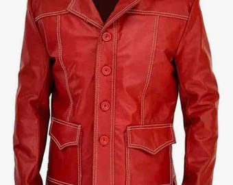 Fight Club Brad Pitt Tyler Durden Red Real Leather Jacket Retro