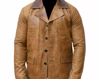 Chaqueta blazer de cuero marrón estilo vintage: piel de oveja auténtica, prenda clásica para hombre, estilo retro western.