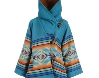 Handmade Blue Wool Blend Poncho: Hooded Aztec Coat